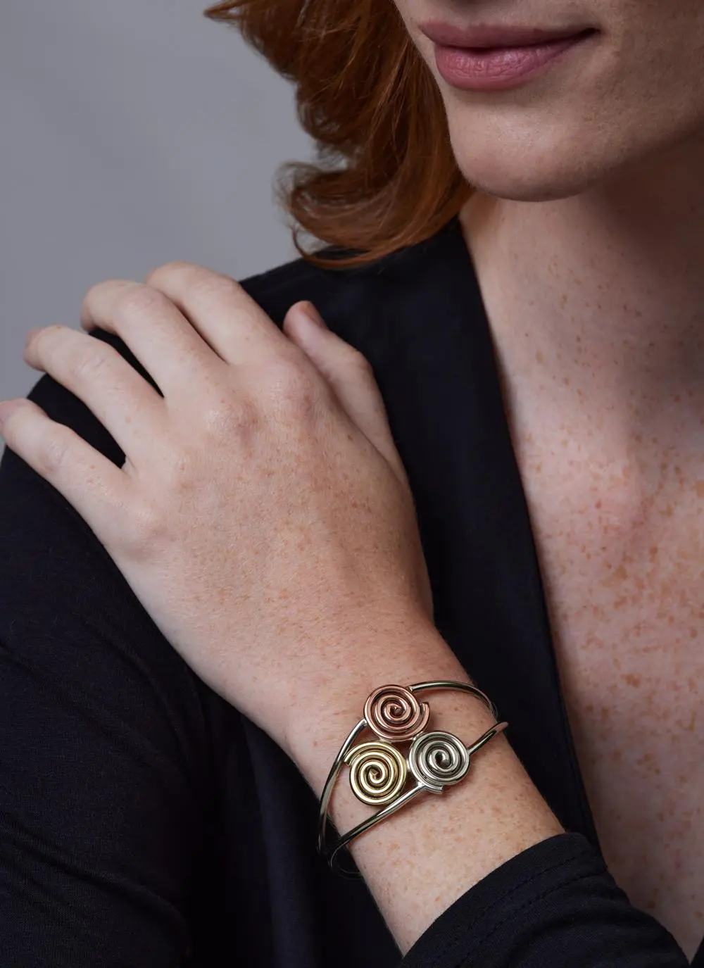 Model wearing Celtic Triskele Bracelet Tri-Color